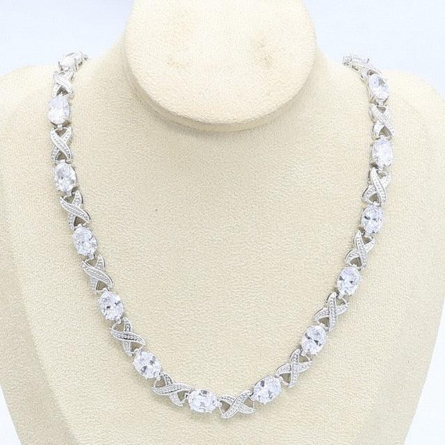Beautiful Geometric White Zircon Silver Color Necklace - Women Bridal Jewelry (D81)(5JW)