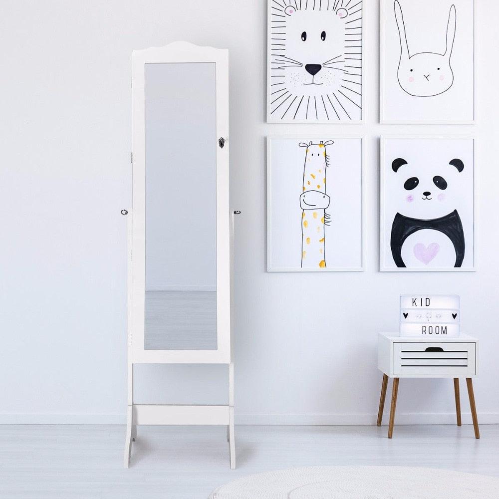 Mirrored Lockable Jewelry Cabinet Armoire Organizer Storage Box w/ Stand White Home Furniture (1FW1)(1U67)
