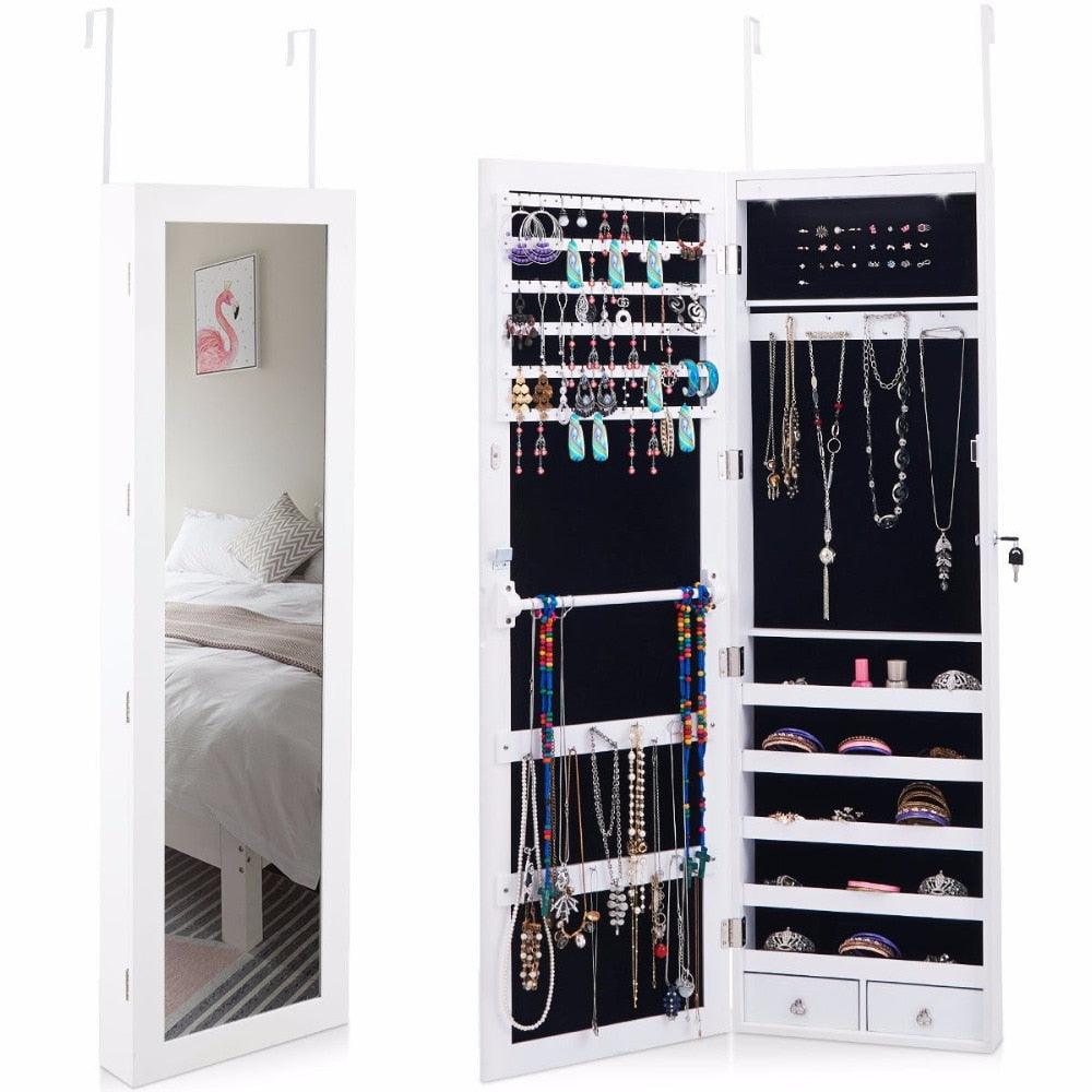 Wall Door Mounted Mirror Jewelry Cabinet Lockable Armoire Organizer w/ LED Light Home Furniture (1FW1)(1U67)(F67)