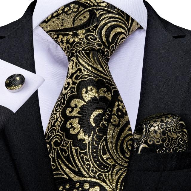 Gift Men Tie Gold Black Striped Paisley Silk Wedding Tie - Hanky Cufflink Quality Men Tie Set (MA2)(F17)