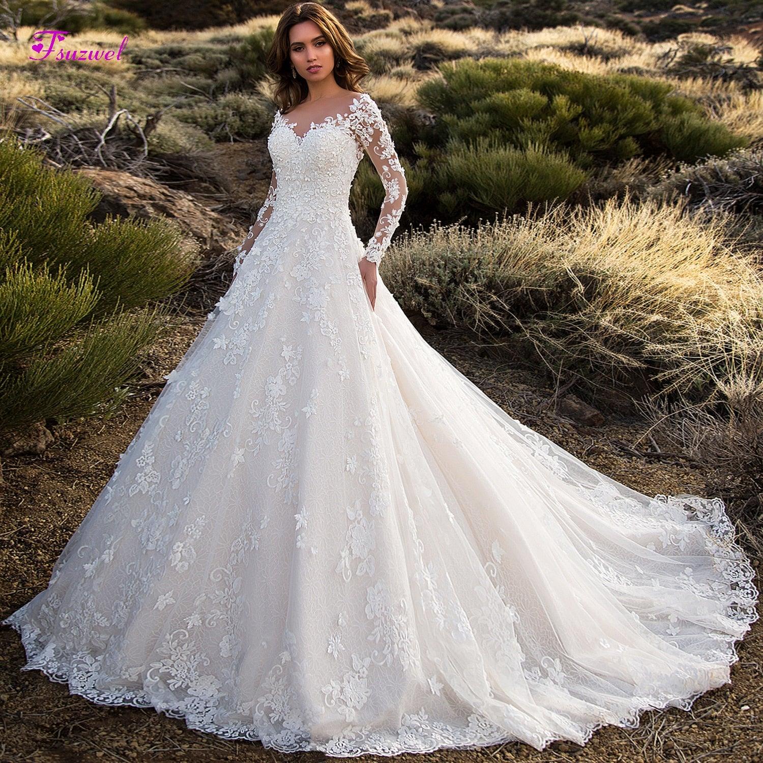 Great Lace A Line Wedding Dress - Sexy Scoop - Neck Flowers Long Sleeve Princess Bride Gown - Plus Size (WSO1)