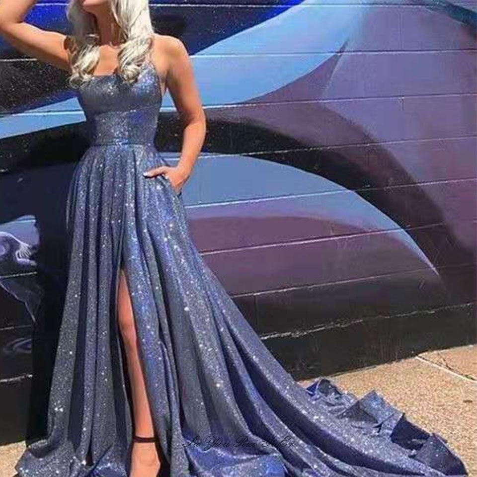 long dresses with slits up the side Amazing Glittery Prom Dresses - Side Slit Long Dress - Party Strap