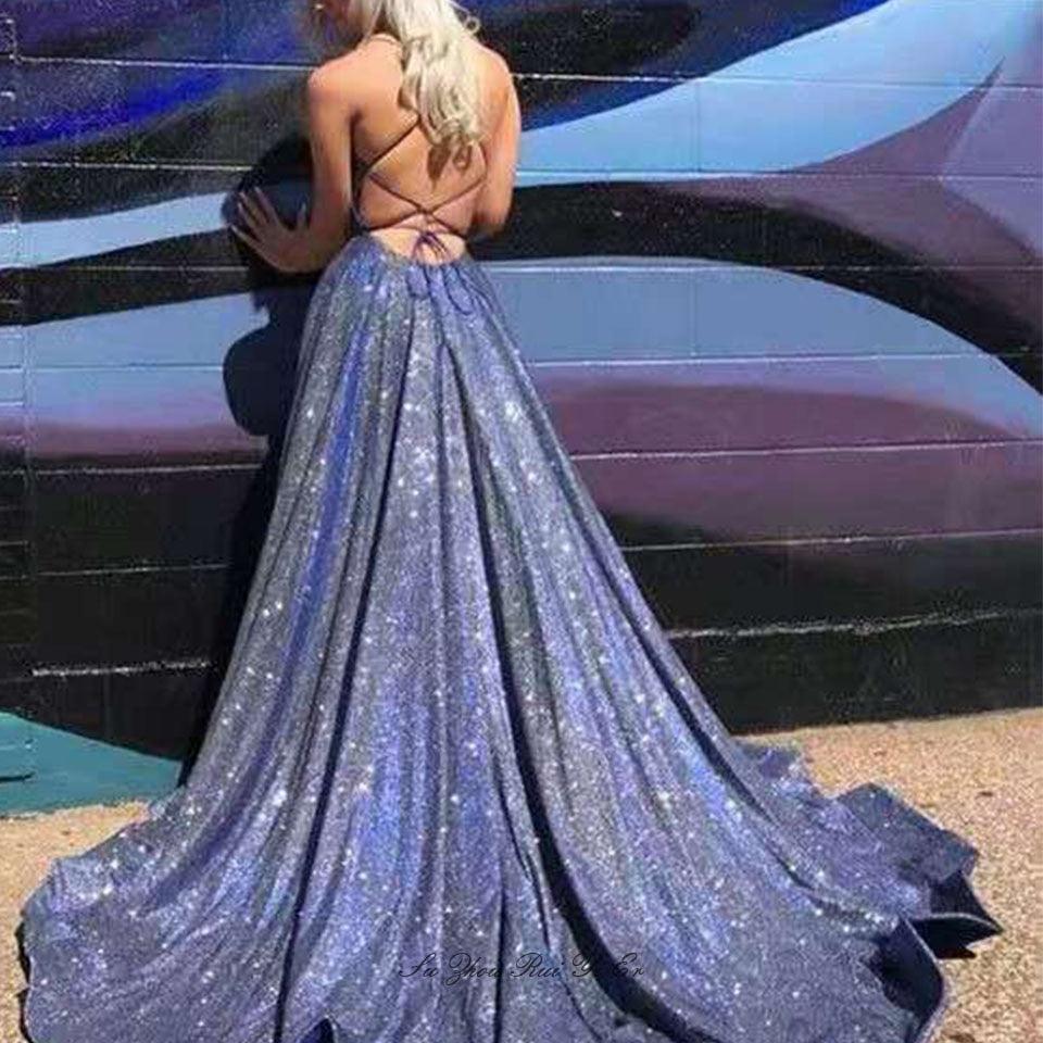 Amazing Glittery Prom Dresses - Side Slit Long Dress - Party Strap - Lace Up Back Court Train A-line Prom Dress (WSO5)(WSO4)(BCD1)(F18)(F35)