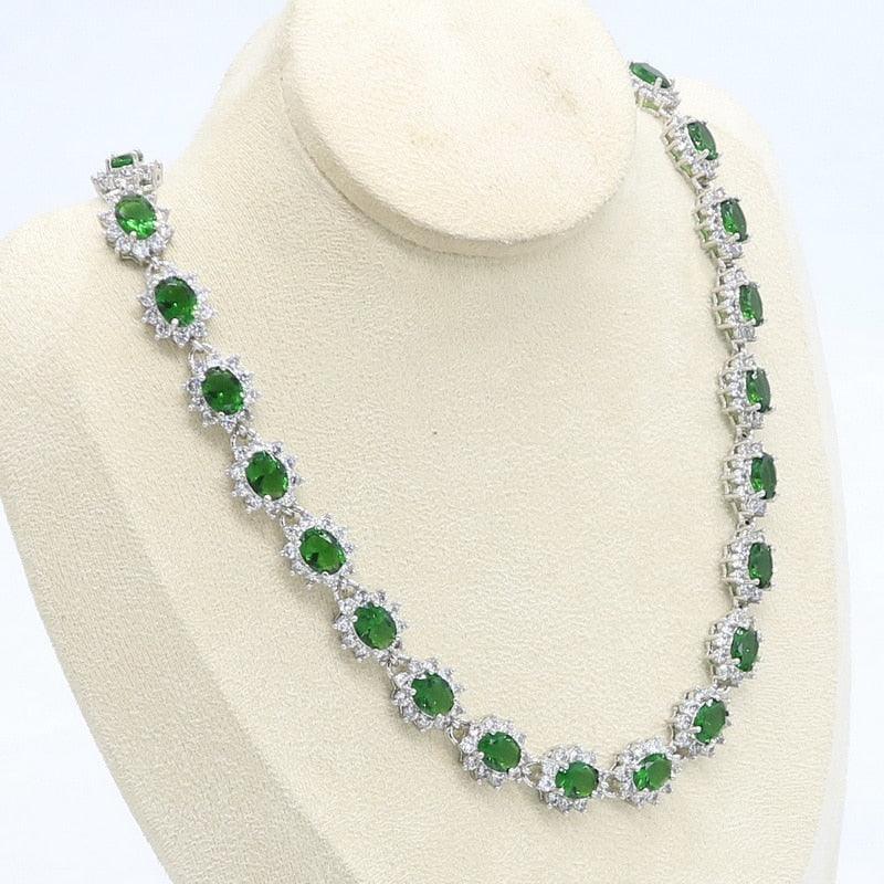 Green Blue Semi-precious 45cm Necklace - Women Wedding Silver Color Jewelry (D81)(5JW)