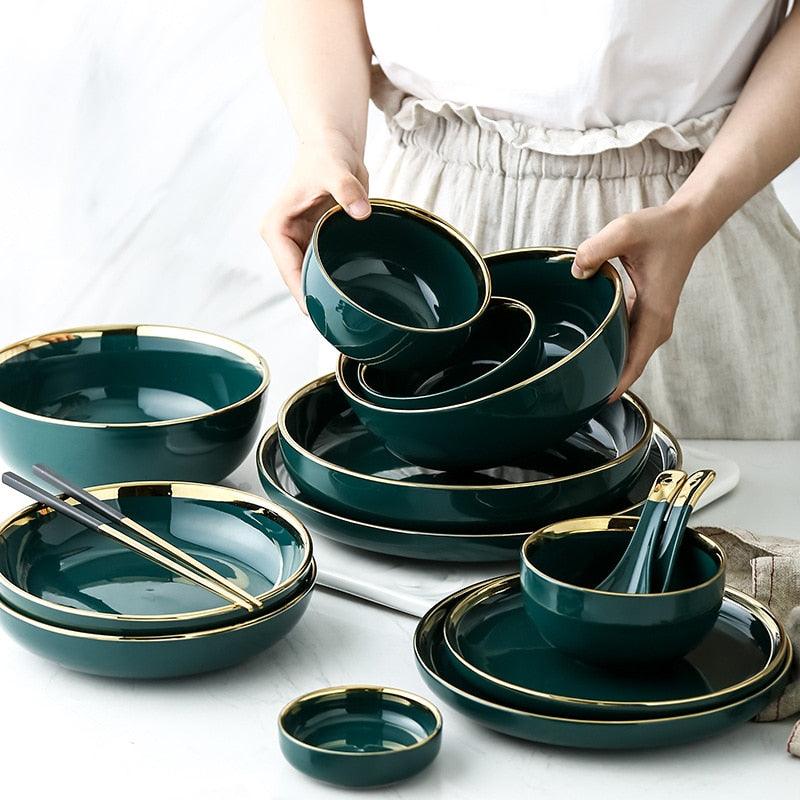 Green Ceramic Gold Plate - Steak Food Inlay Plate - Nordic Style Tableware Bowl Dessert Dish Dinner Dish (AK7)