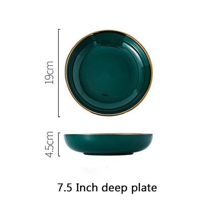 Green Ceramic Gold Plate - Steak Food Inlay Plate - Nordic Style Tableware Bowl Dessert Dish Dinner Dish (AK7)