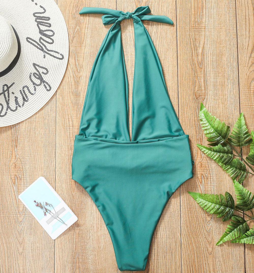 Green High Cut One Piece Swimsuit - Female Deep V Neck Bikini - Bandage Bathing Suit (TB8D)(F26)