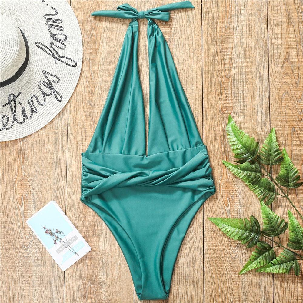 Green High Cut One Piece Swimsuit - Female Deep V Neck Bikini - Bandage Bathing Suit (TB8D)(F26)