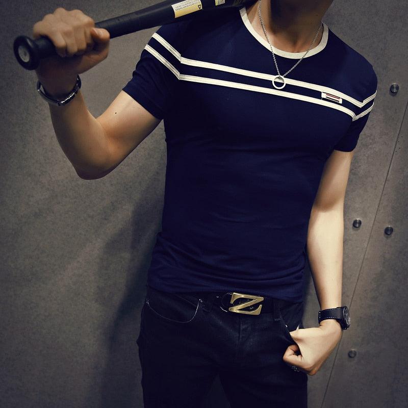 GreaT Men's T-Shirt - Solid Color T Shirt Short Sleeves Stripe Fold Slim Fit (D8)(TM8)