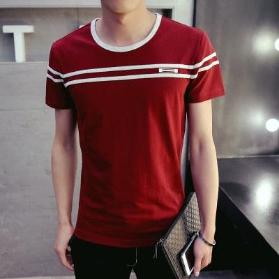 GreaT Men's T-Shirt - Solid Color T Shirt Short Sleeves Stripe Fold Slim Fit (D8)(TM8)