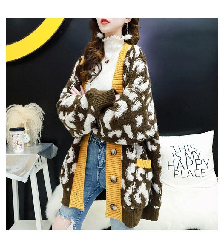Women Fashion Long Sweater and Cardigans - Open Stitch Leopard Casual Cardigans Red and Yellow Oversized Knit Jacket Out Coat (TP4)(TB8C)(1U23) - Deals DejaVu