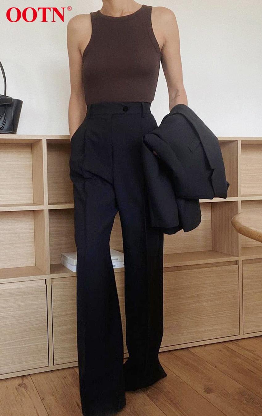 Great Office Lady Pleated Loose Zipper Wide Leg Pants - Women Solid Button Floor-Length Pants Female High Waist Trousers Autumn (D25)(BP)(1U25) - Deals DejaVu