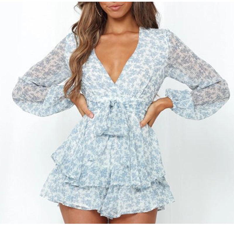 Sexy Elegant Rompers Woman V Neck Long Sleeve Blue Print Floral Ruffled Ladies Playsuits - Fashion New Street Zipper Jumpsuits (BWD)(WS06)(F30)(2U30) - Deals DejaVu