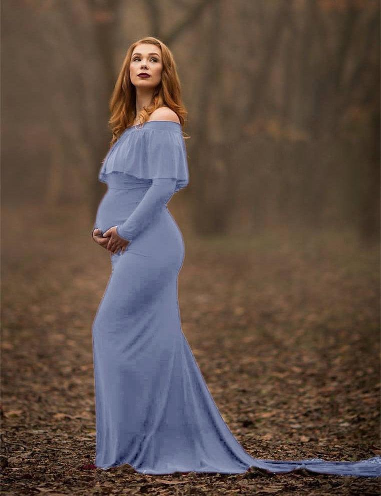 Ruffles Maternity Dresses For Photo Shoot - Long Pregnancy Dress - Photography Props Off Shoulder Maxi (1U5)(Z6)(Z8)(1Z1)(2Z1)(3Z1)(4Z1)(7Z1)