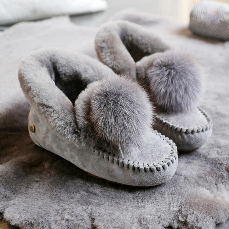 New Winter 100% Genuine Leather Real Wool Women Flats - New Fashion Female Moccasins Casual Loafers Plus Size Snow Shoes (FS)(CD)(1U40)(1U38)(1U107)