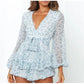 Sexy Elegant Rompers Woman V Neck Long Sleeve Blue Print Floral Ruffled Ladies Playsuits - Fashion New Street Zipper Jumpsuits (BWD)(WS06)(F30)(2U30) - Deals DejaVu