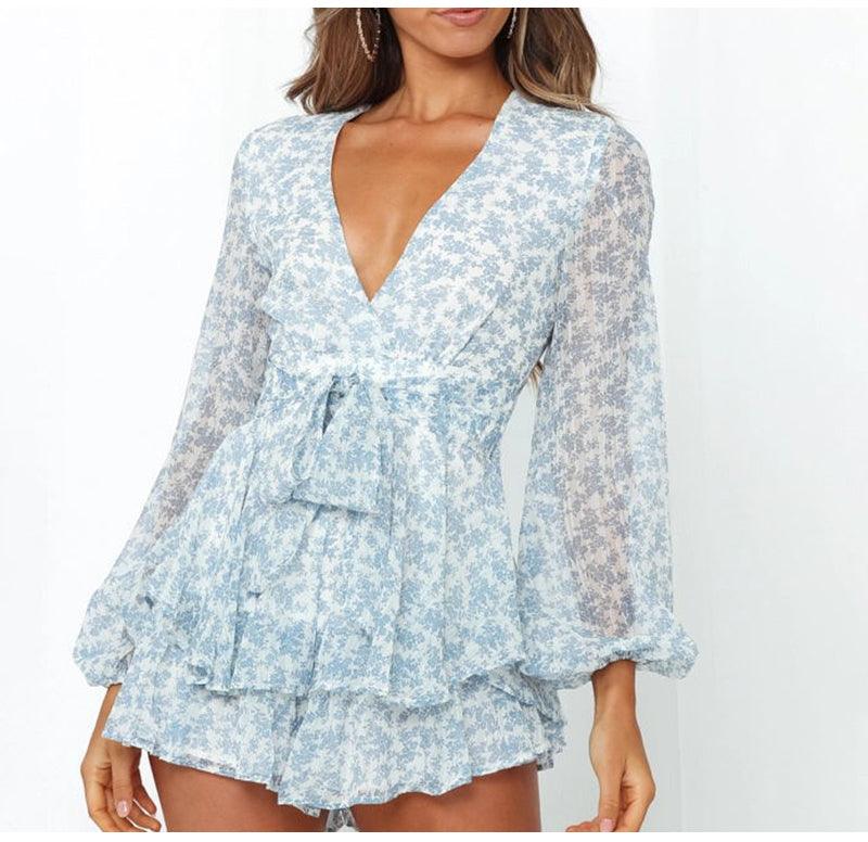 Sexy Elegant Rompers Woman V Neck Long Sleeve Blue Print Floral Ruffled Ladies Playsuits - Fashion New Street Zipper Jumpsuits (BWD)(WS06)(F30)(2U30) - Deals DejaVu