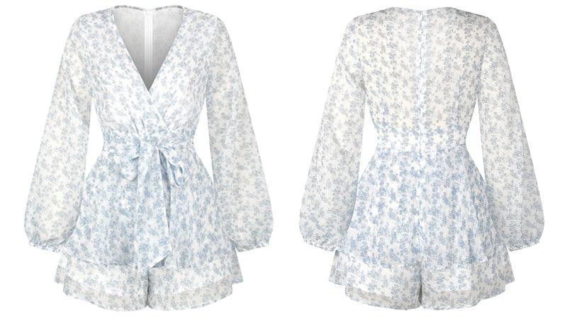 Sexy Elegant Rompers Woman V Neck Long Sleeve Blue Print Floral Ruffled Ladies Playsuits - Fashion New Street Zipper Jumpsuits (BWD)(WS06)(F30)(2U30) - Deals DejaVu