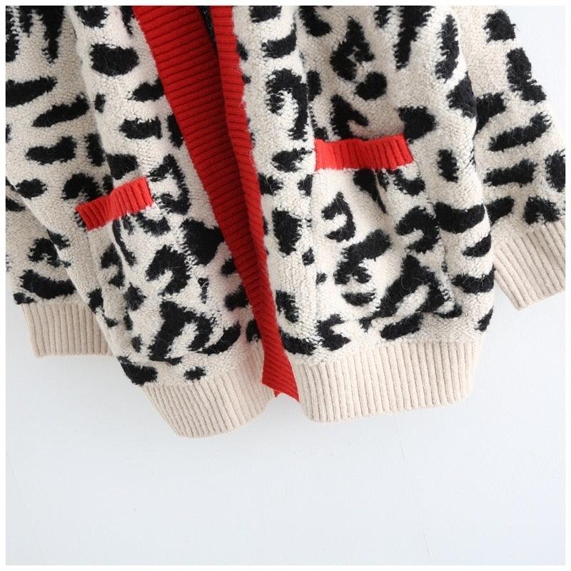 Women Fashion Long Sweater and Cardigans - Open Stitch Leopard Casual Cardigans Red and Yellow Oversized Knit Jacket Out Coat (TP4)(TB8C)(1U23) - Deals DejaVu