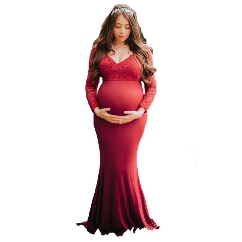 Maternity Long Sleeve Dresses - Pregnant Women Cotton Lace Stitching Slim Maxi Gown, Fancy Shooting Photo Photography Props Clothes (Z6)(1Z1)(2Z1)(3Z1)(7Z1) - Deals DejaVu