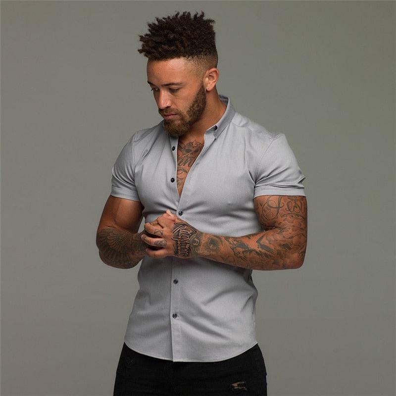 Summer Fashion Short Sleeve Shirt - Men Solid Super Slim Fit - Male Social Business - Men Gym Fitness(TM1)(T2G)(1U8)(TM8)