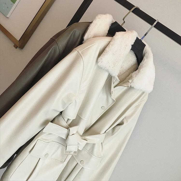 New Winter Oversized Leather Jacket - Women with Faux Rex Rabbit Fur Inside Warm Soft Thickened Fur Lined Coat Long Sleeve (TB8B)(TB8A)(TP3)(1U23) - Deals DejaVu