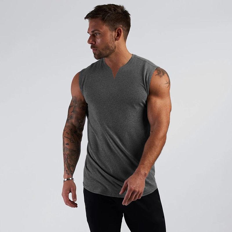 Amazing Gym Clothing V Neck Cotton Bodybuilding Tank Top - Mens Workout Sleeveless Shirt Fitness Sportswear Running (TM7)(1U101)(1U100)