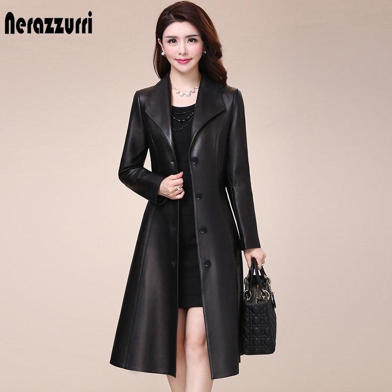 Spring autumn long black soft faux leather coat - Women long sleeve buttons slim fit Elegant leather jacket women (TB8B)(TB8A)(TP3)(1U23) - Deals DejaVu