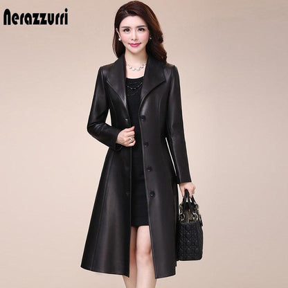 Spring autumn long black soft faux leather coat - Women long sleeve buttons slim fit Elegant leather jacket women (TB8B)(TB8A)(TP3)(1U23) - Deals DejaVu