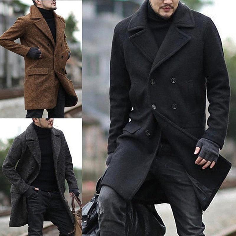 Solid Winter Trench Coat - Mens British Style Casual Double -Breasted Warm Mens Jacket Long Sleeve Oversized Male Overcoat (D100)(TM4)(CC1) - Deals DejaVu