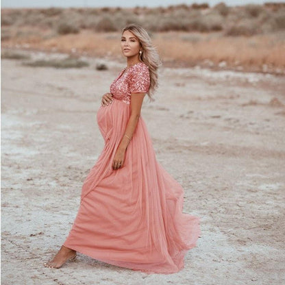 Short Sleeve Lace Chiffon Maternity Dresses Photoshoot Pregnant Women Maxi  Gown Dress Pregnancy Baby Shower Photography Prop (Color : Pink, Maternity  Size : L.) : : Clothing, Shoes & Accessories