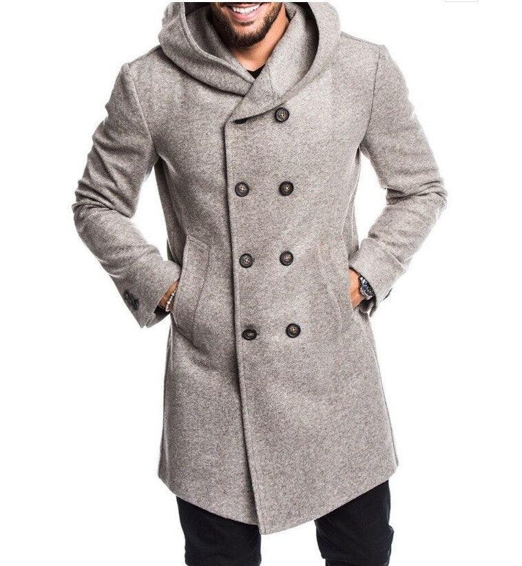 Solid Winter Trench Mens England Style Long Sleeve - Casual Slim Warm Double Breasted Coats Men Hooded Male Hoodies (D100)(TM4)(CC1) - Deals DejaVu