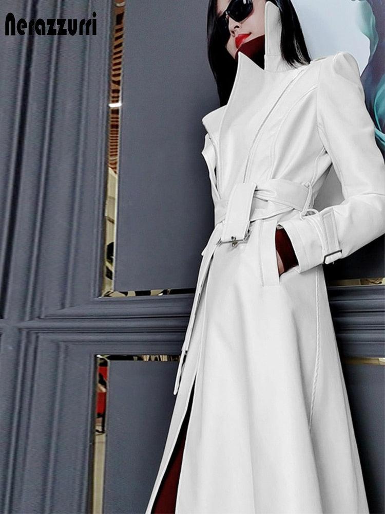 Great Spring Runway Women White Long Leather Trench Coat - Long Sleeve Elegant Luxury fashion Womens Coats- New Designer (TB8B)(TB8A)(TP3)(1U23) - Deals DejaVu