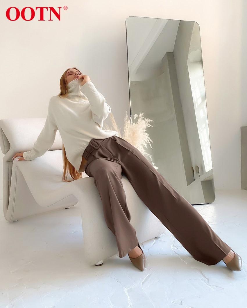 Gorgeous Autumn Office Wide Leg Pants Women Sashes Elastic Waist Pants - Elegant Ladies Brown Trousers Plus Length Palazzo Cozy (D25)(BP)(1U25) - Deals DejaVu