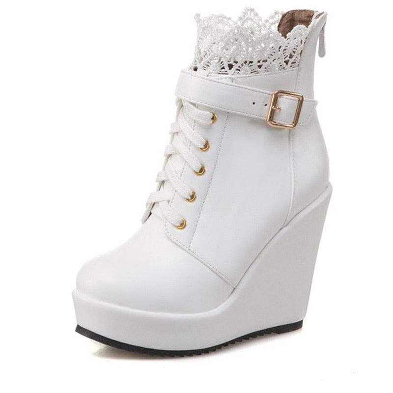 Fashion Lace Black Platform Wedge Ankle Boots For Women - Lace Up Bridal Shoes Wedding White Ladies Boots (BB2)(CD)(WO4)(BB5)(F38)(3U38) - Deals DejaVu