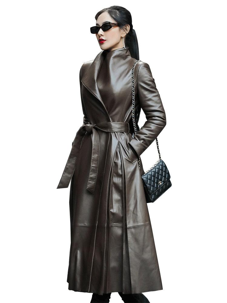 Great Women Autumn Long Brown Black Soft Faux Leather Trench Coat - Belt Long Sleeve Skirted Elegant Luxury Fashion (TB8B)(TB8A)(TP3)(1U23) - Deals DejaVu