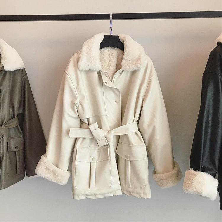New Winter Oversized Leather Jacket - Women with Faux Rex Rabbit Fur Inside Warm Soft Thickened Fur Lined Coat Long Sleeve (TB8B)(TB8A)(TP3)(1U23) - Deals DejaVu