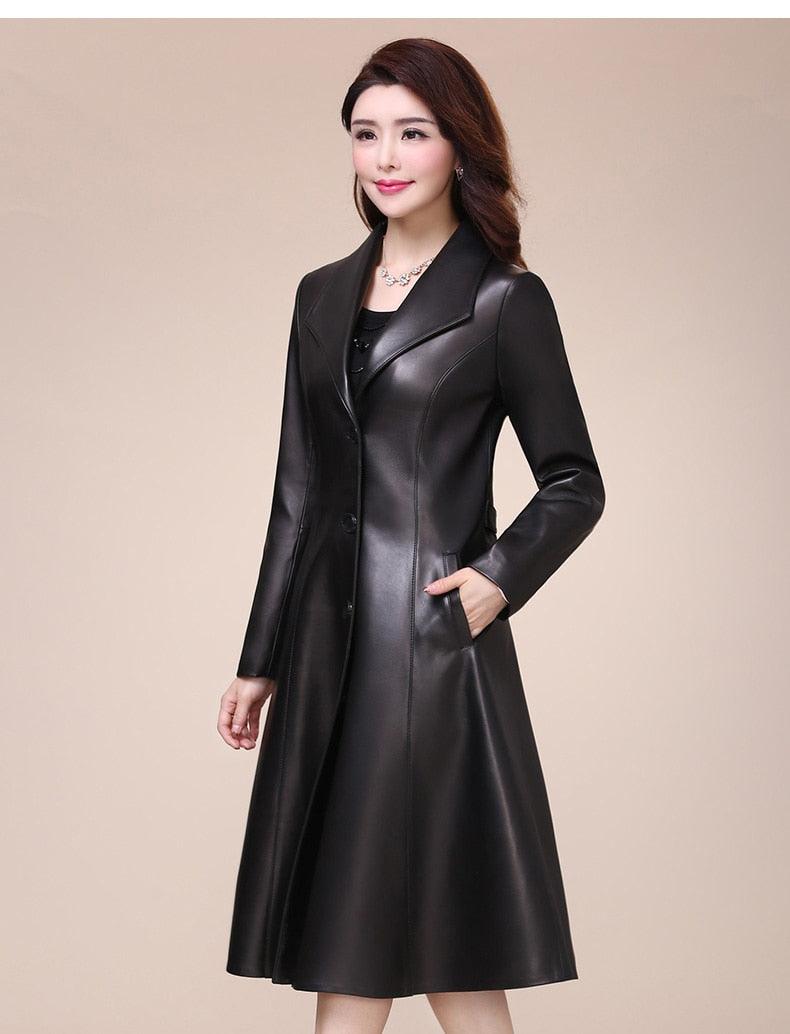 Spring autumn long black soft faux leather coat - Women long sleeve buttons slim fit Elegant leather jacket women (TB8B)(TB8A)(TP3)(1U23) - Deals DejaVu