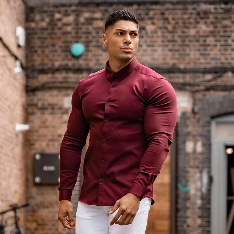 Trending Men Fashion Casual long Sleeve Solid Shirt - Super Slim Fit - Male Social Business - Fitness Sports Clothing (TM1)(T2G)(1U8)(TM8]