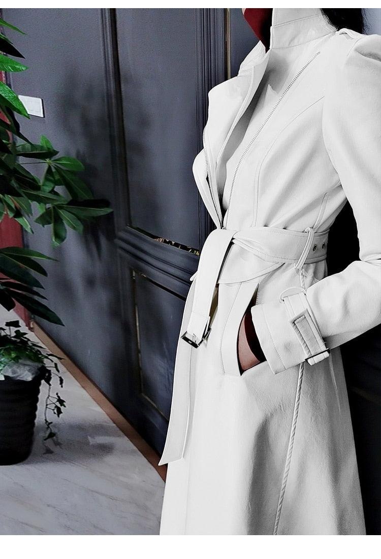 Great Spring Runway Women White Long Leather Trench Coat - Long Sleeve Elegant Luxury fashion Womens Coats- New Designer (TB8B)(TB8A)(TP3)(1U23) - Deals DejaVu