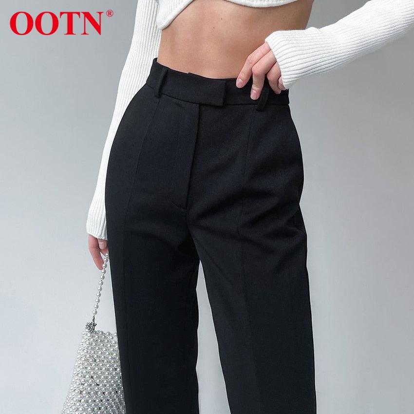 High Street Fashion Black Boot Cut Pants - Female High Waist Split Elastic Waist Slim Trouser For Women Wild Plus Length Pant (BP)(1U25) - Deals DejaVu