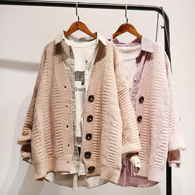 Great Women Autumn Winter Knit Sweater and Cardigans - Open Stitch Loose Knit Cardigans Pink Jumpers Winter Sweater Coat Femme (TP4)(TB8C)(1U23) - Deals DejaVu