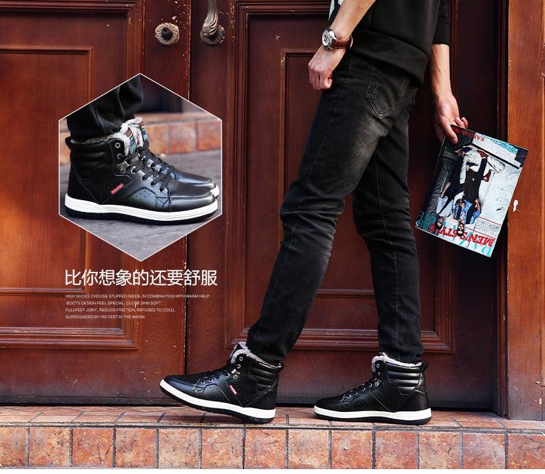 Amazing Casual Pu Leather Shoes for Men - Winter High Top Fashion Sneakers Outdoor Warm Lined Boots Lace-up Plus Size 39-48 (MSC3)(MCM)(1U16)(1U12) - Deals DejaVu