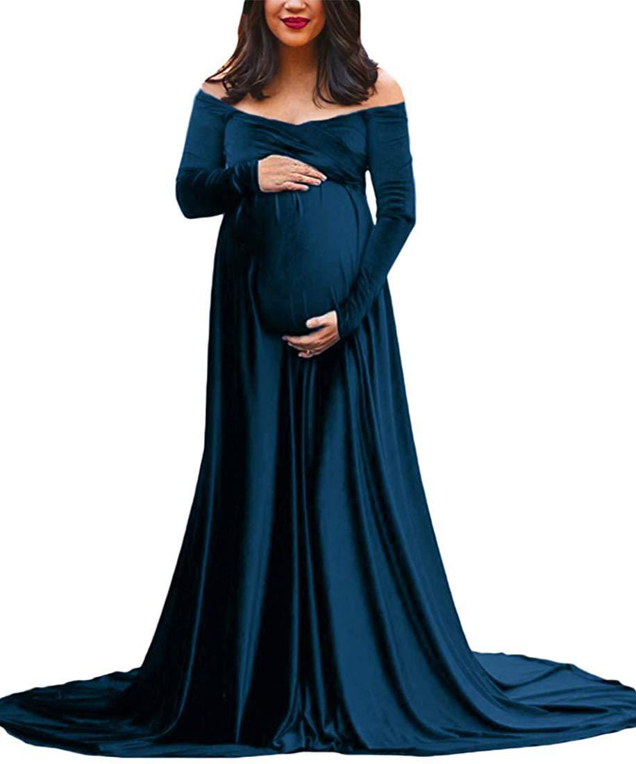 Maternity Dresses for Baby Showers Long Sleeve Pregnant Women Velvet Maxi Gown Dress Sexy V Neck Pregnancy Dress for Photo Shoot