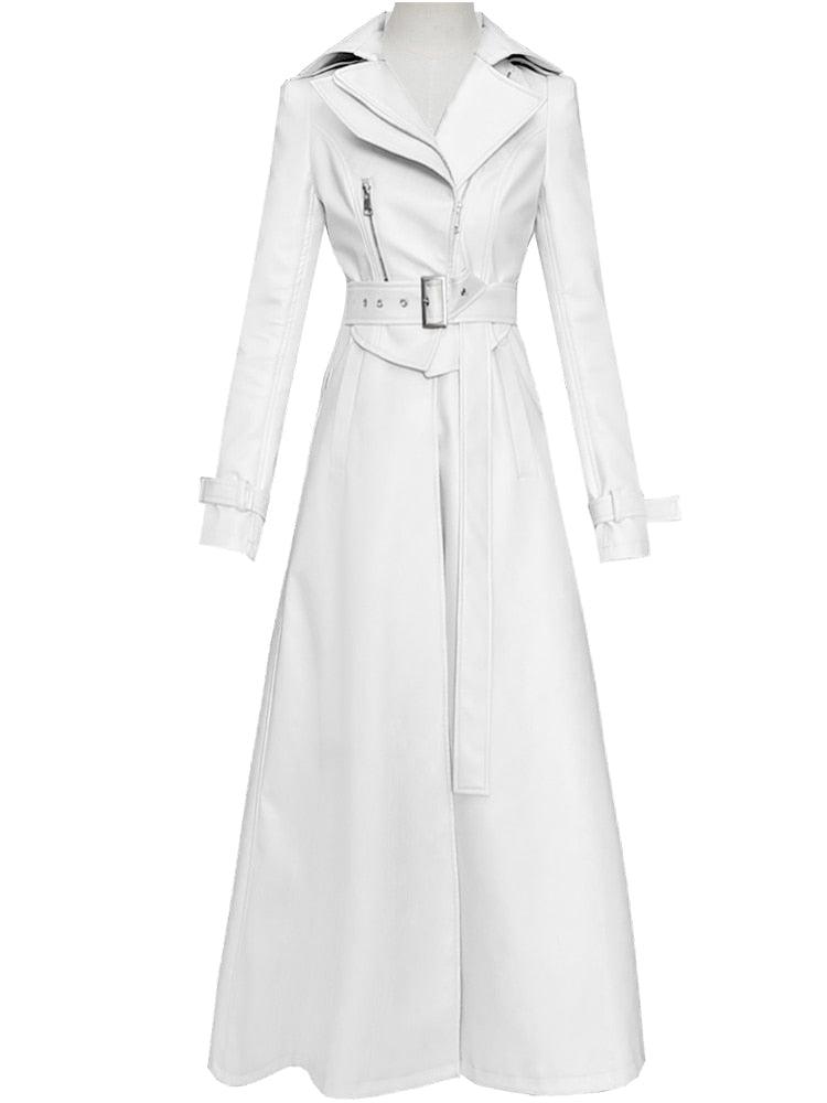 Great Spring Runway Women White Long Leather Trench Coat - Long Sleeve Elegant Luxury fashion Womens Coats- New Designer (TB8B)(TB8A)(TP3)(1U23) - Deals DejaVu