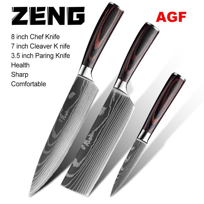 Trending Japanese Upgraded Stainless Steel Chef Knife Set - Laser Damascus Pattern Stainless Steel Sharp Cleaver Slicing Utility Knive (AK5)(1U61)