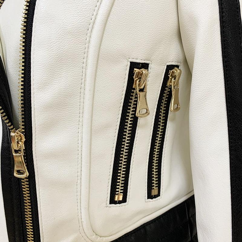 Newest Fashion Designer Jacket - Women's Black White Color - Leather Motorcycle Jacket (D23)(TB8B)