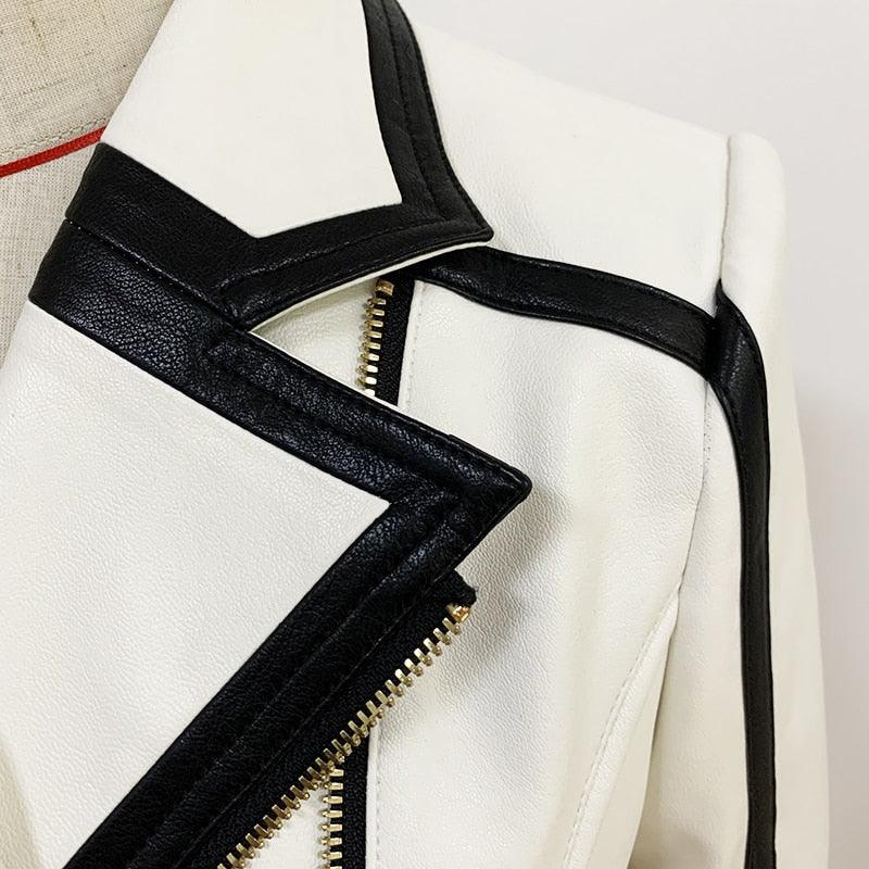 Newest Fashion Designer Jacket - Women's Black White Color - Leather Motorcycle Jacket (D23)(TB8B)