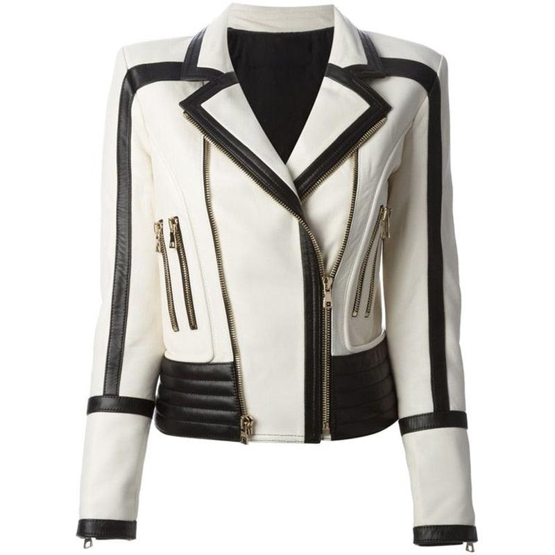 Newest Fashion Designer Jacket - Women's Black White Color - Leather Motorcycle Jacket (D23)(TB8B)