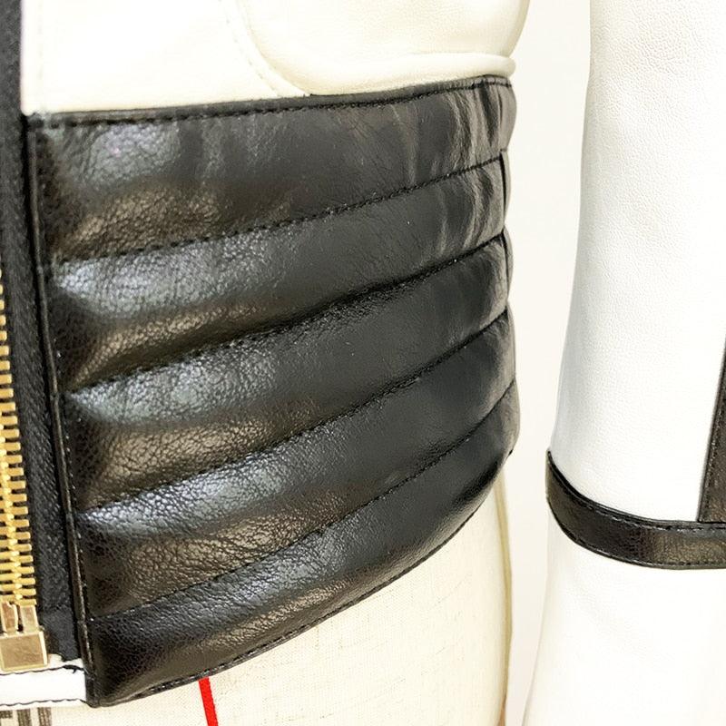 Newest Fashion Designer Jacket - Women's Black White Color - Leather Motorcycle Jacket (D23)(TB8B)